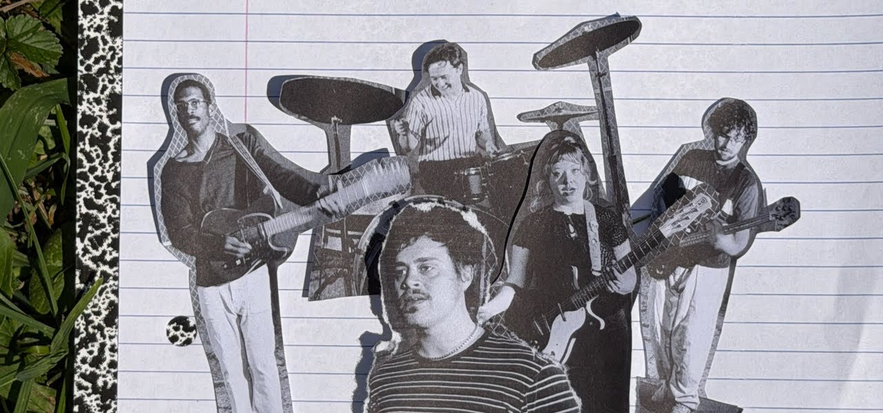 Black and white cutouts of the five members of Wishy with their instruments, pasted onto a sheet of lined notebook paper.